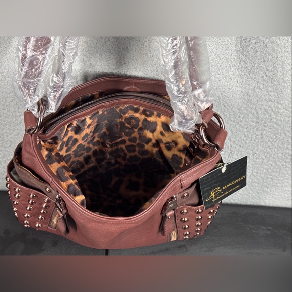 B Makowsky Soft Leather Brown Shoulder/CrossbodyPurse Rosetone Stud Hardware NWT - Picture 9 of 16